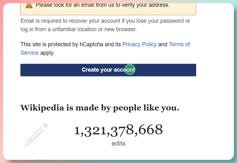 Screenshot showing the Create your account button on Wikipedia registration page - final step to complete account creation